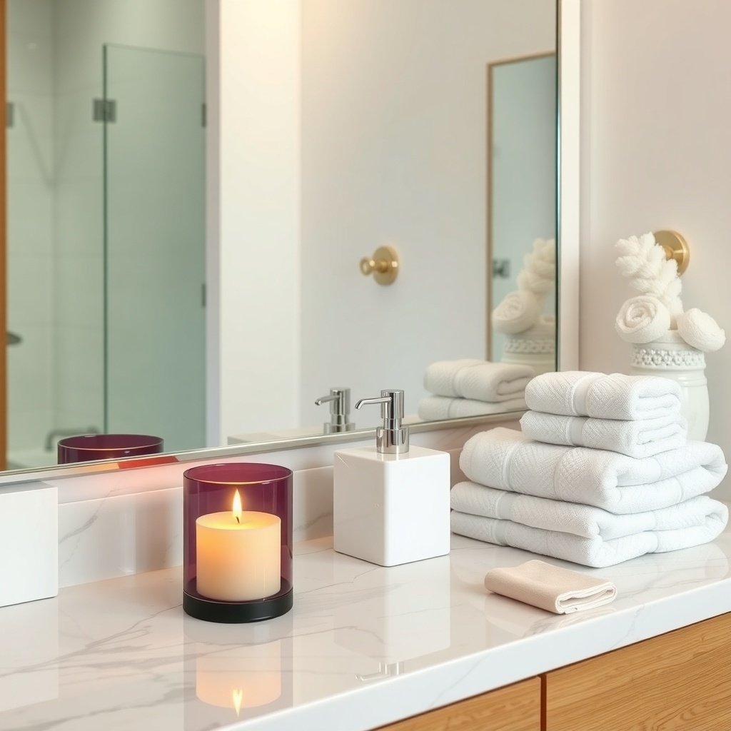 A stylish bathroom counter with neatly stacked white towels, a candle, and a soap dispenser.