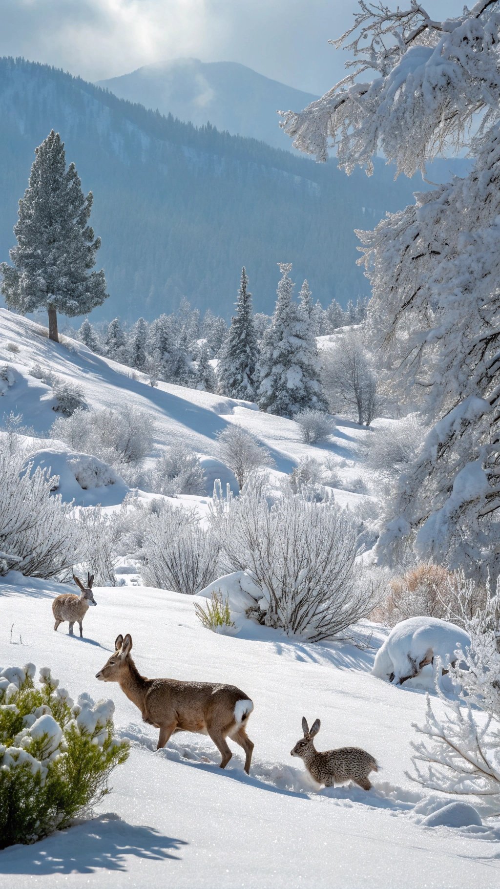 A serene winter landscape with deer and a rabbit in the snow.