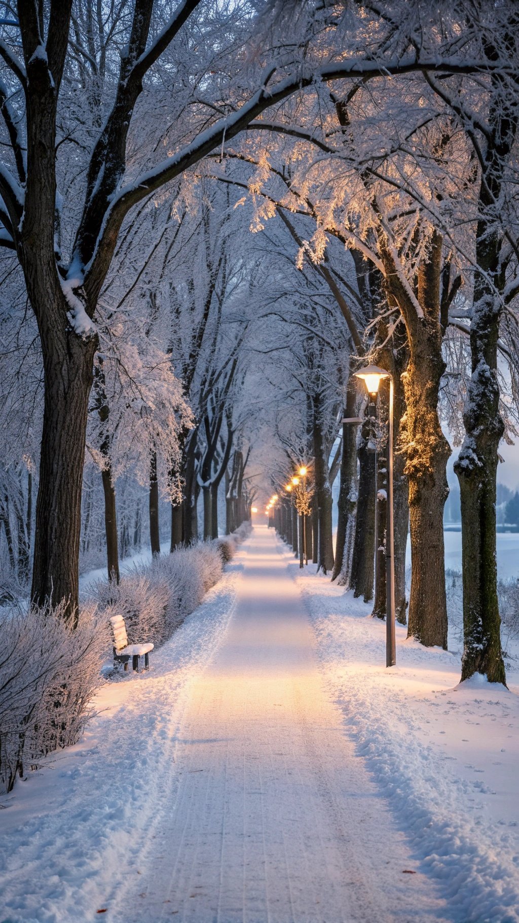 A snowy pathway lined with trees and soft glowing lights, creating a serene winter scene.