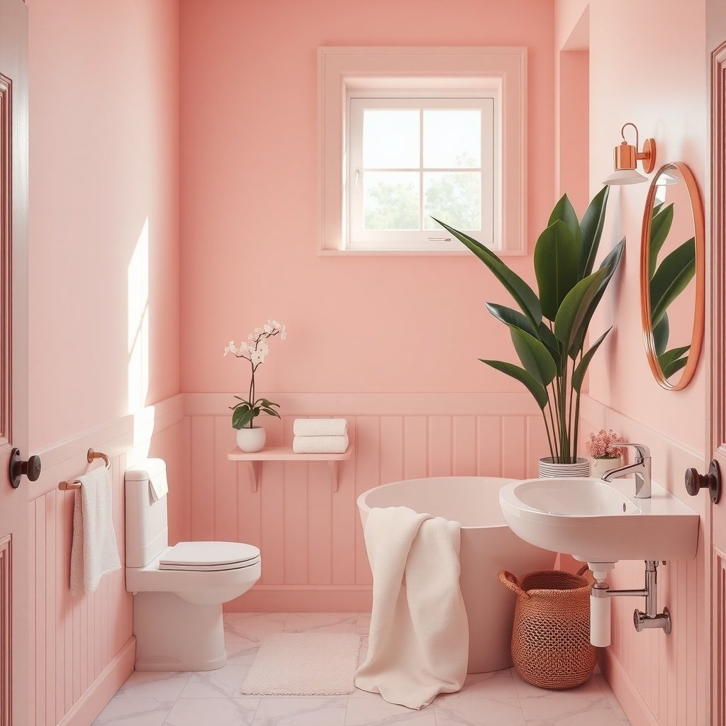 A beautifully decorated pink bathroom featuring soft pink walls, a round mirror, and a potted plant.