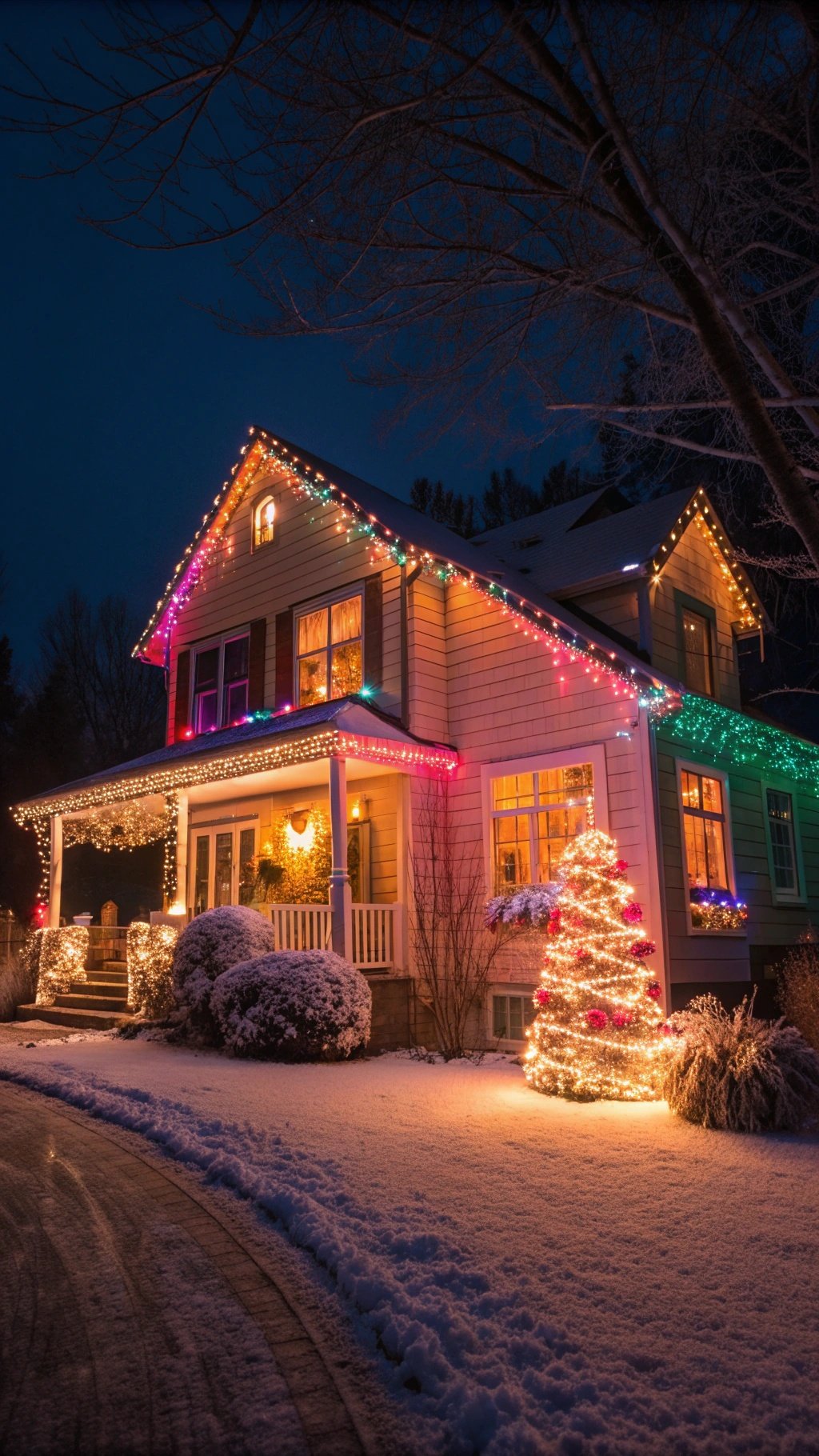 A house decorated with colorful Christmas lights and a Christmas tree in the yard, surrounded by snow. December Phone Wallpapers
