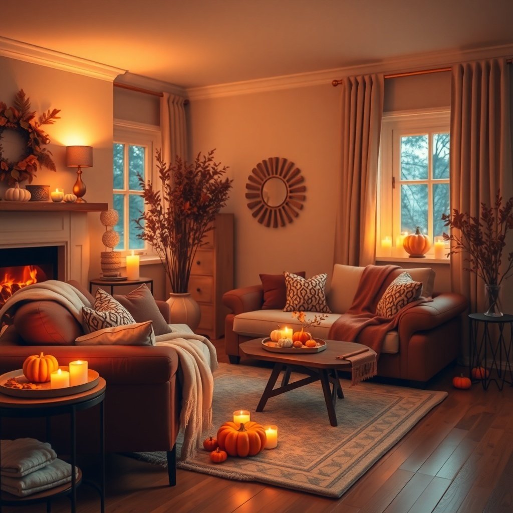 A cozy living room decorated for autumn with pumpkins, candles, and warm lighting.