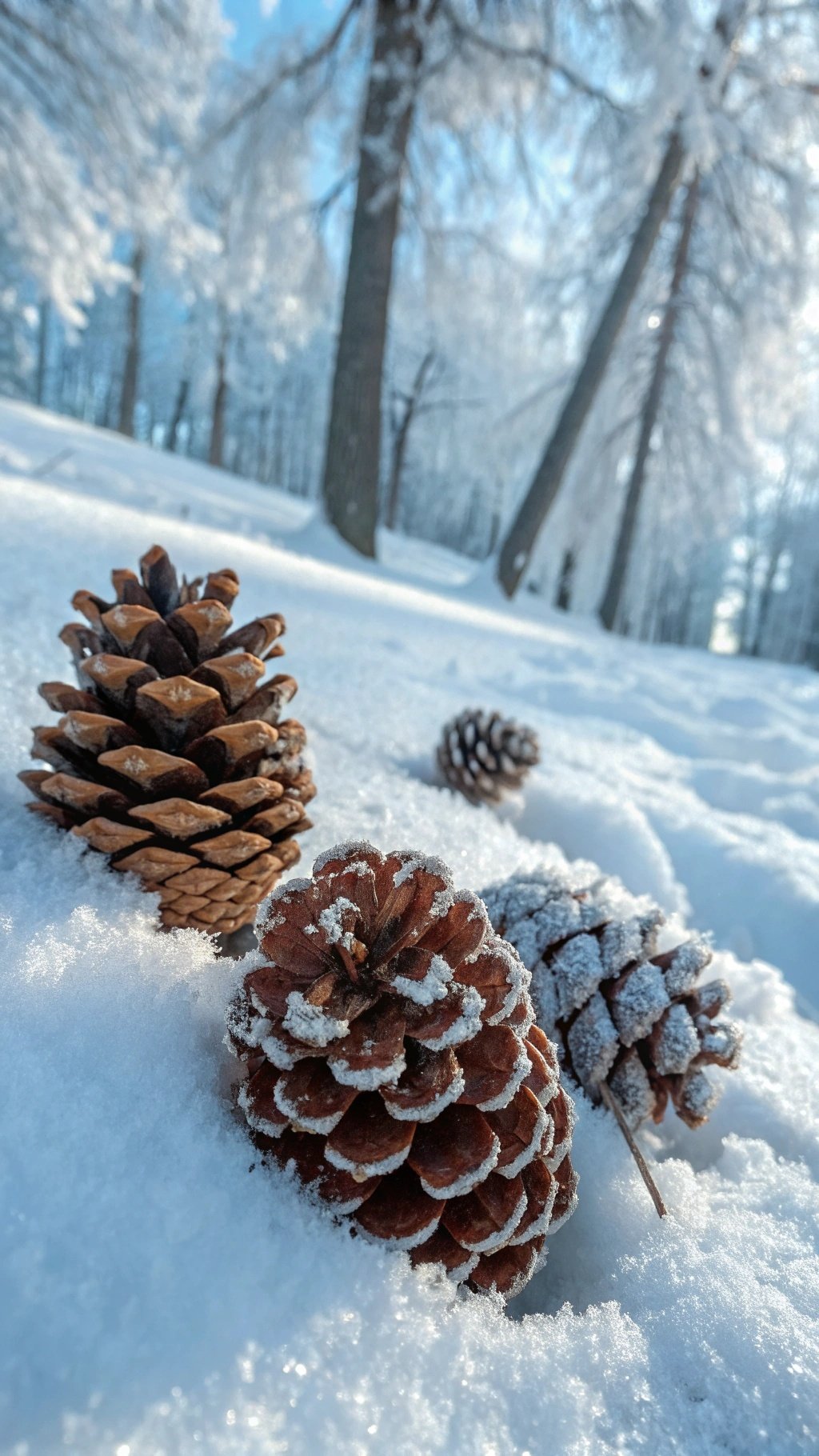 Frosty pinecones on snow in a winter forest
