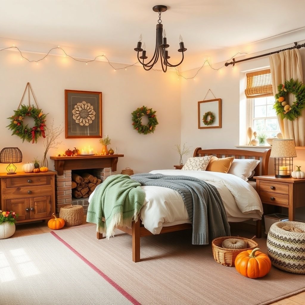 Cozy English country cottage bedroom decorated for fall and Christmas