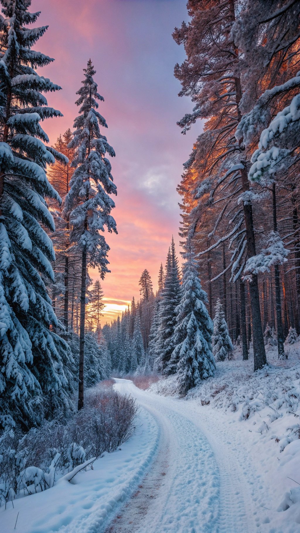 A snowy pine forest trail at sunset with pink and orange skies.