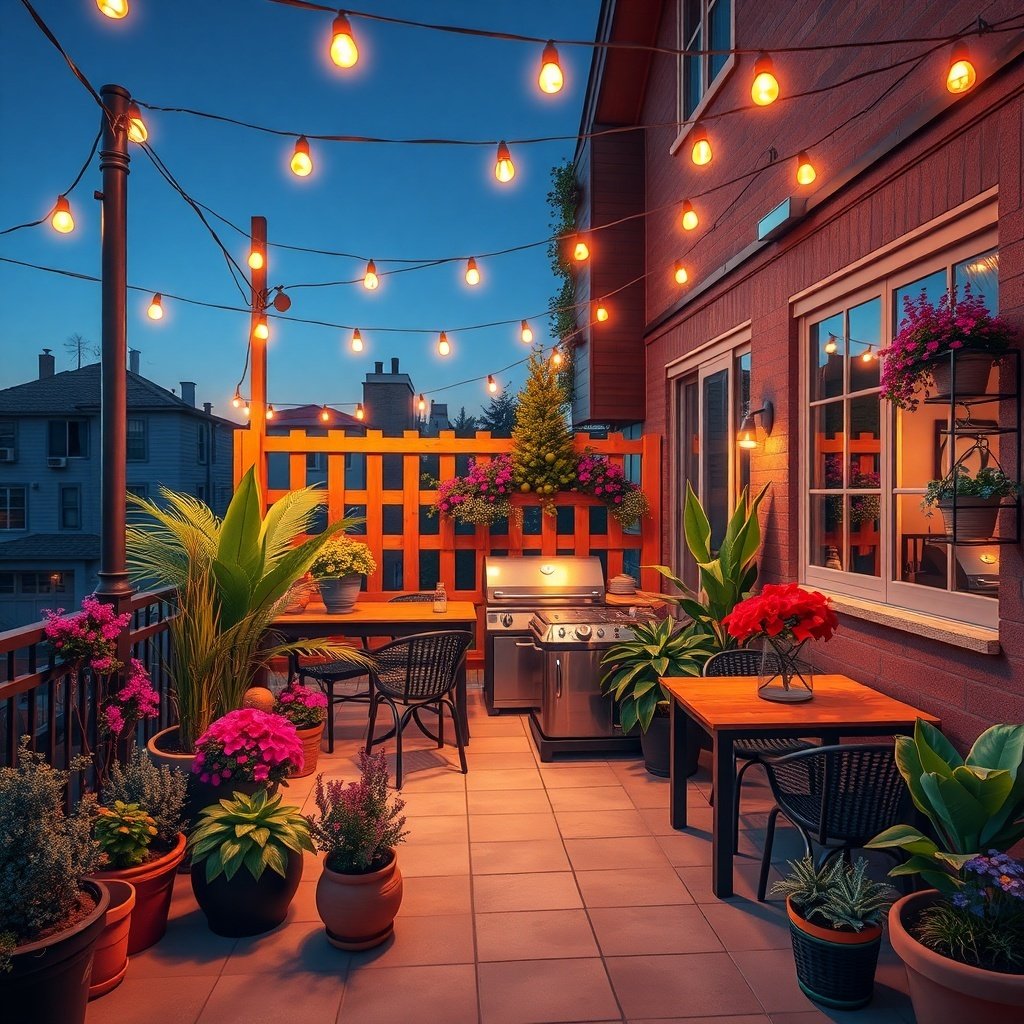 A cozy patio with a grill station, surrounded by colorful flowers and string lights.
