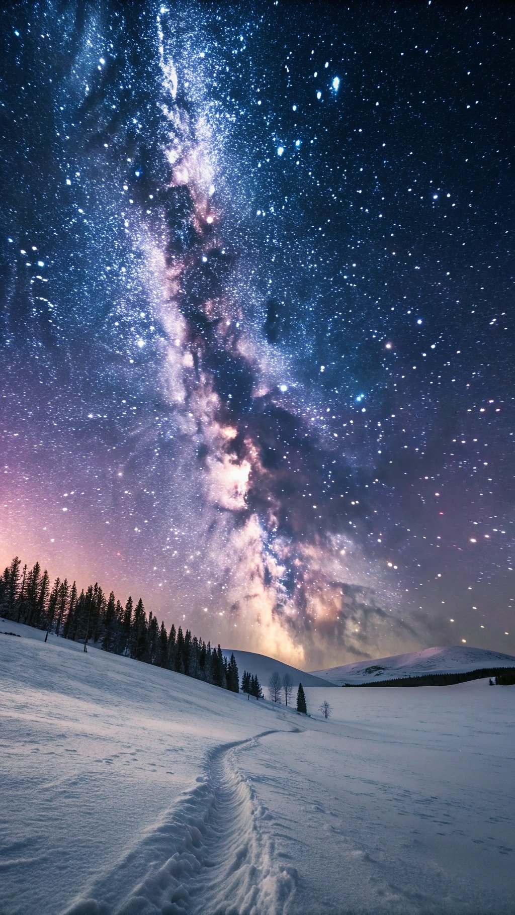 A starry winter night sky over a snowy landscape with a winding path.