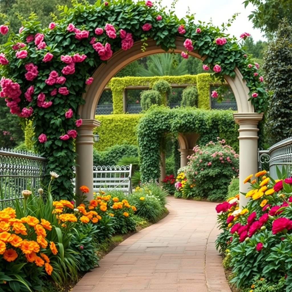 A garden path with colorful flowers and an arch covered in pink flowers.