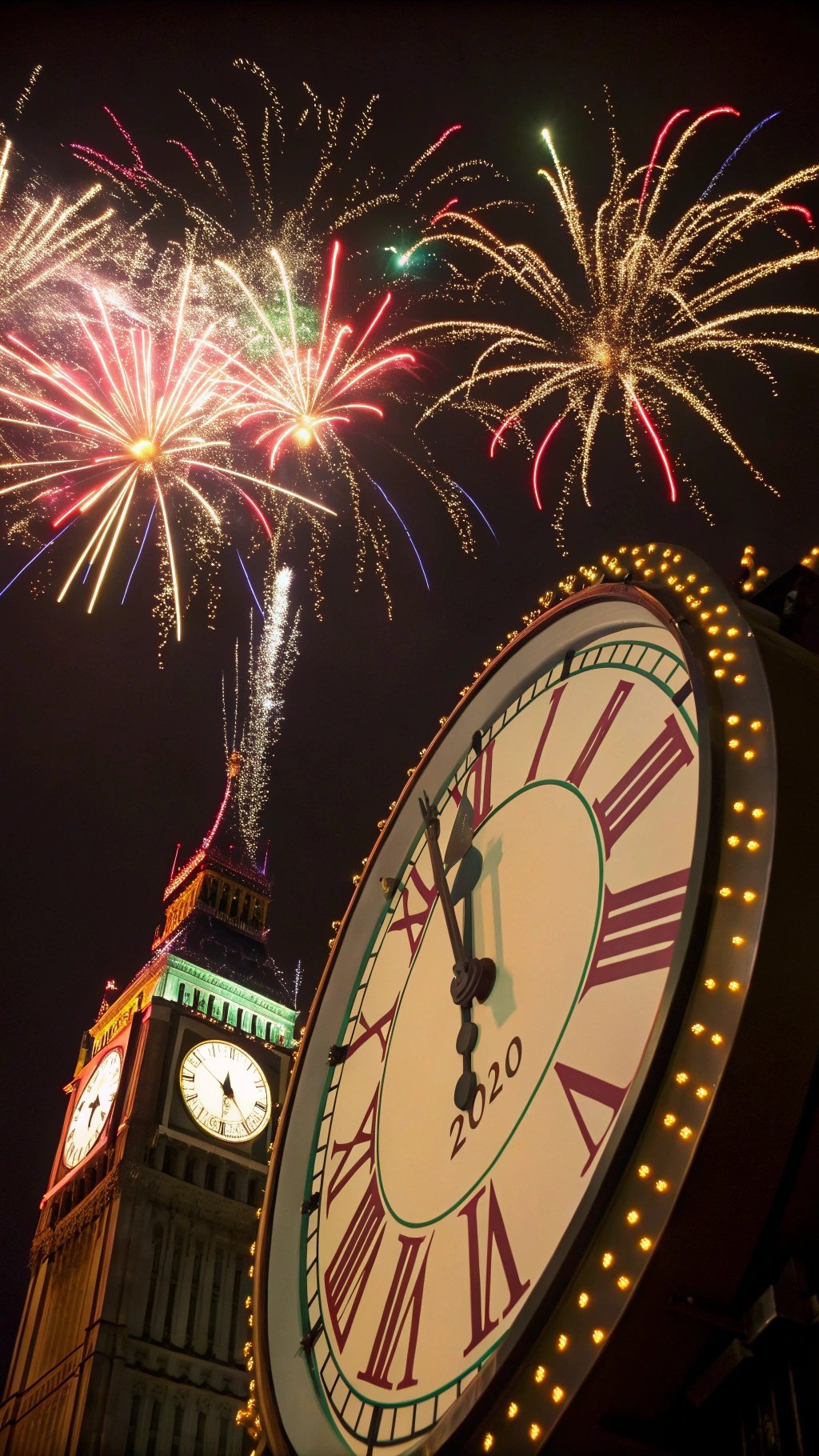 A clock striking midnight with fireworks in the background, symbolizing New Year celebrations.