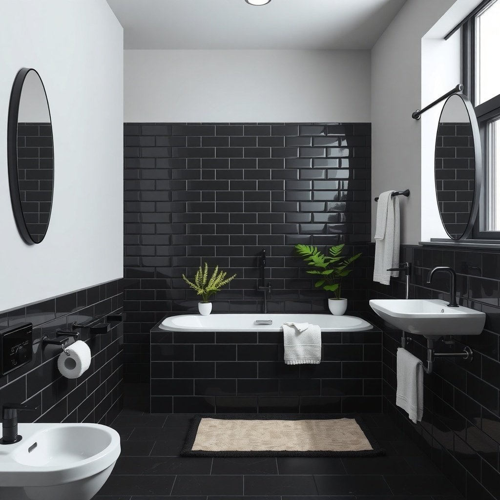 A modern black tiled bathroom featuring a bathtub, plants, and stylish fixtures.