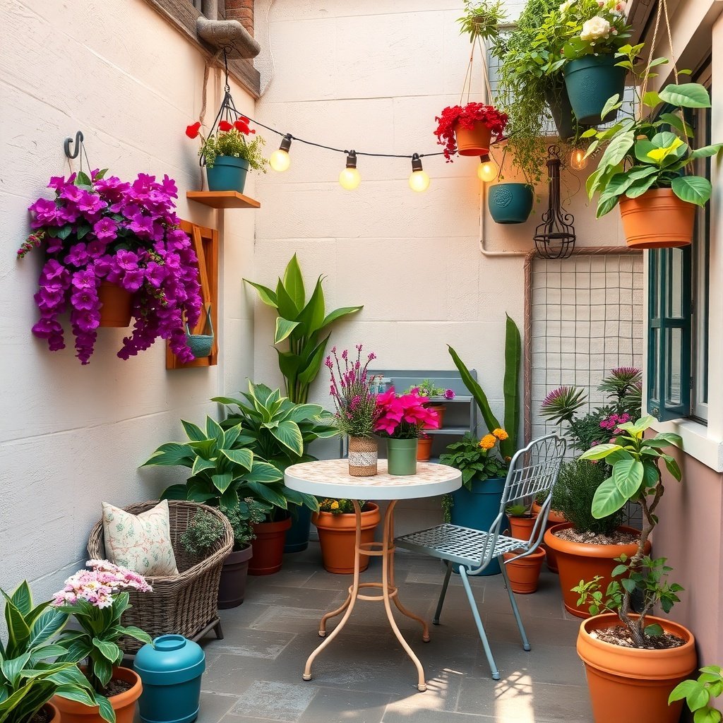 A charming small patio area with colorful flowers in pots, a round table, and string lights.
