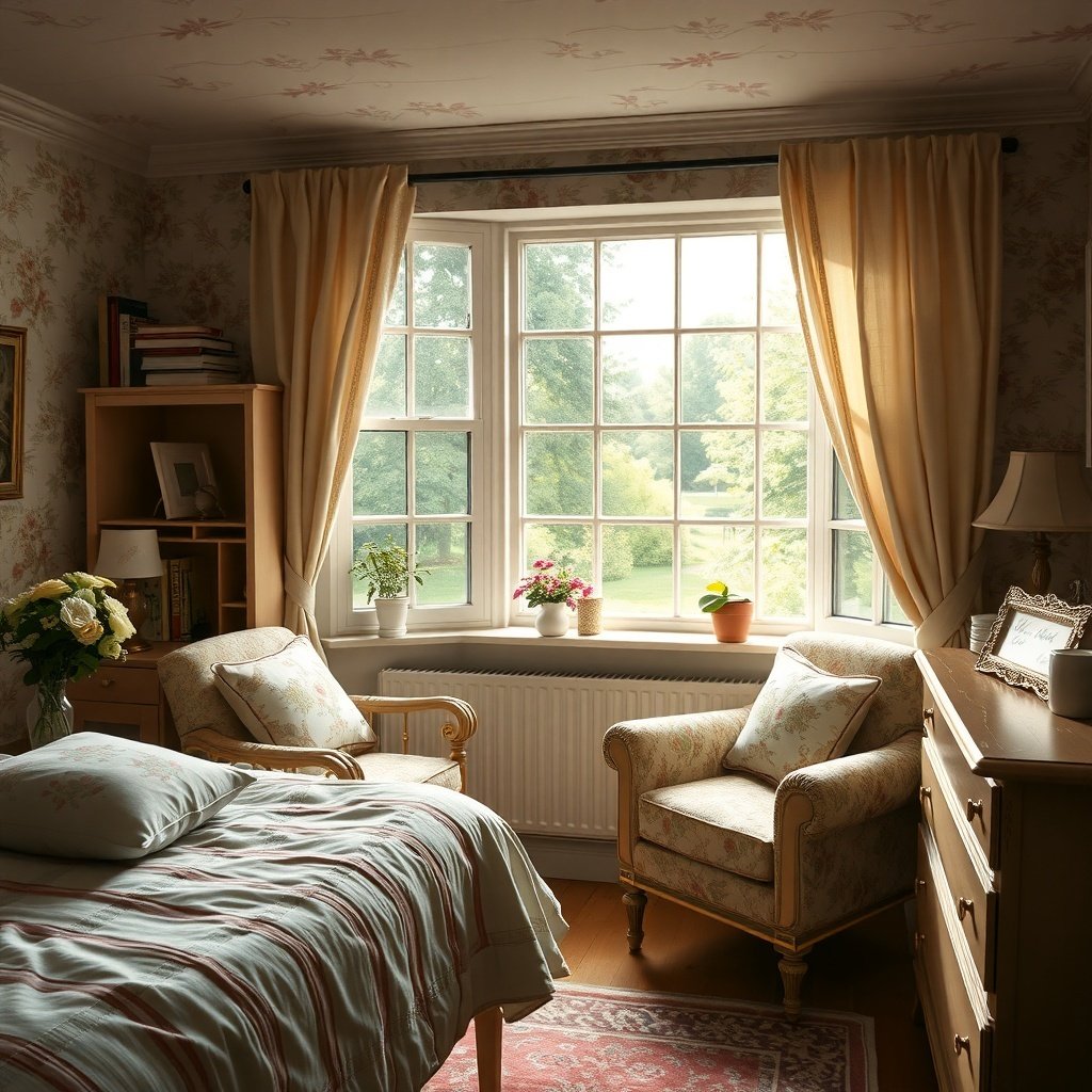 Cozy English cottage bedroom with floral wallpaper and natural light