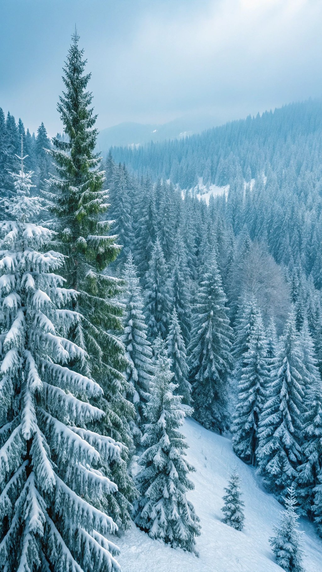 Snow-covered evergreen forest in December