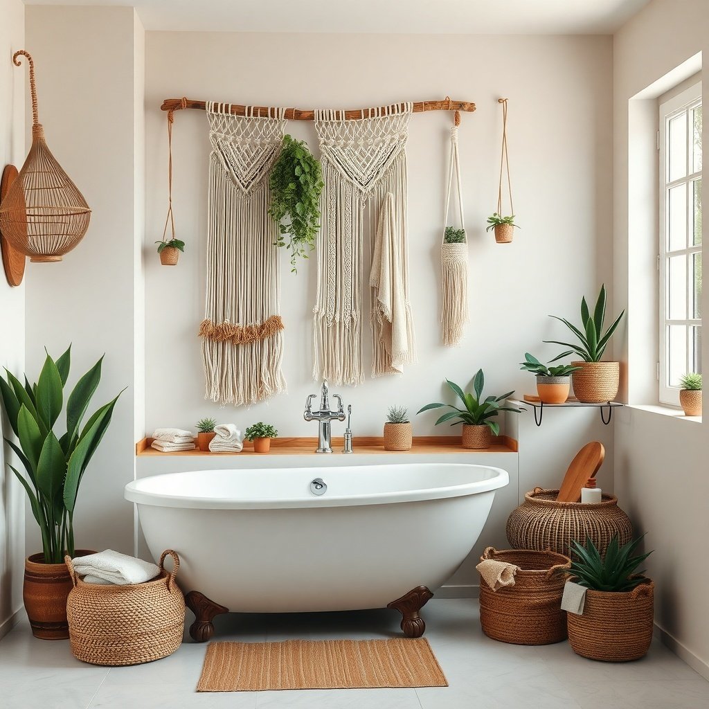 A boho style bathroom featuring a freestanding tub, macramé wall hangings, and various plants.