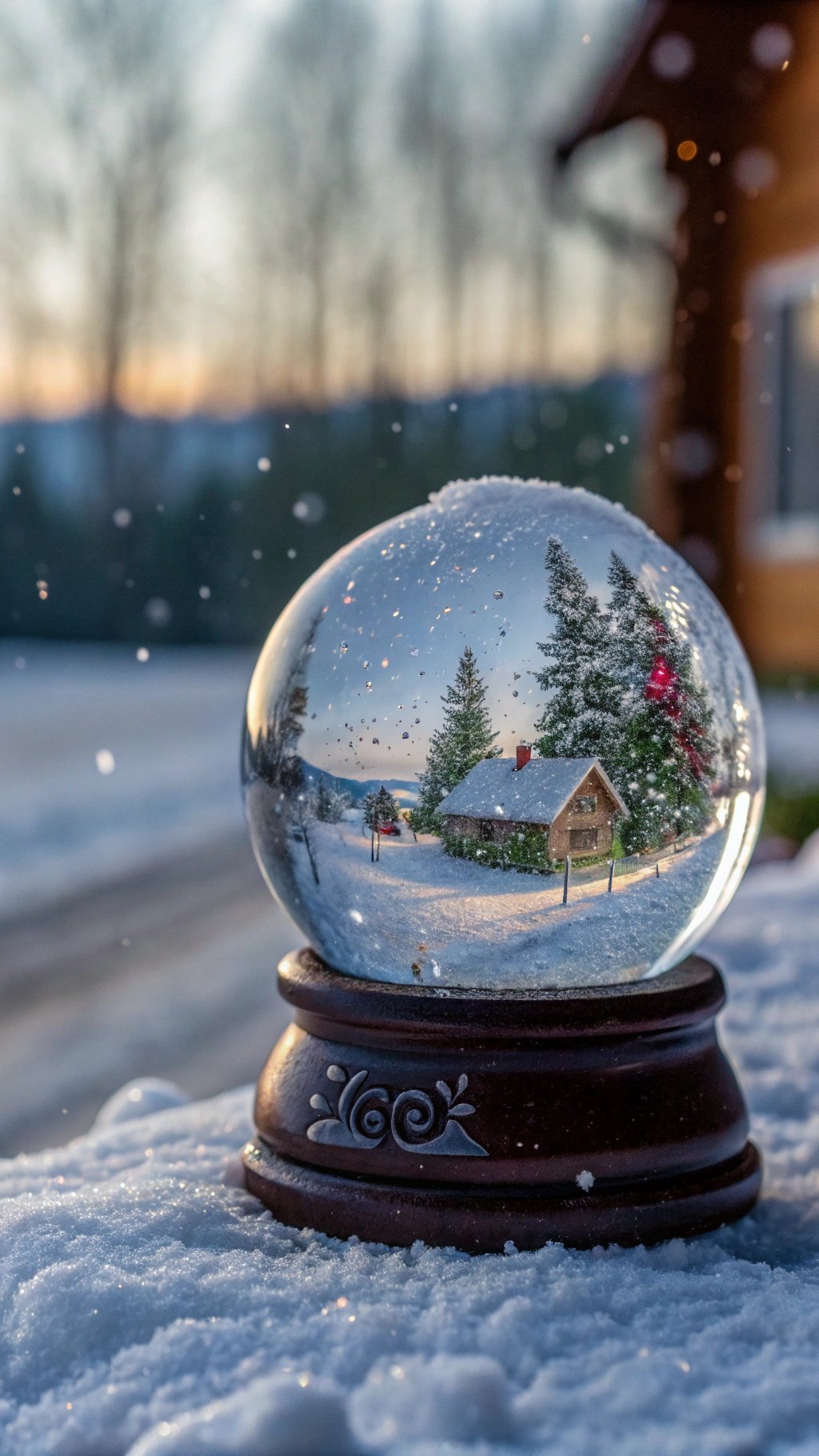 A snow globe featuring a cozy cabin surrounded by snow-covered trees, with snowflakes falling around it.