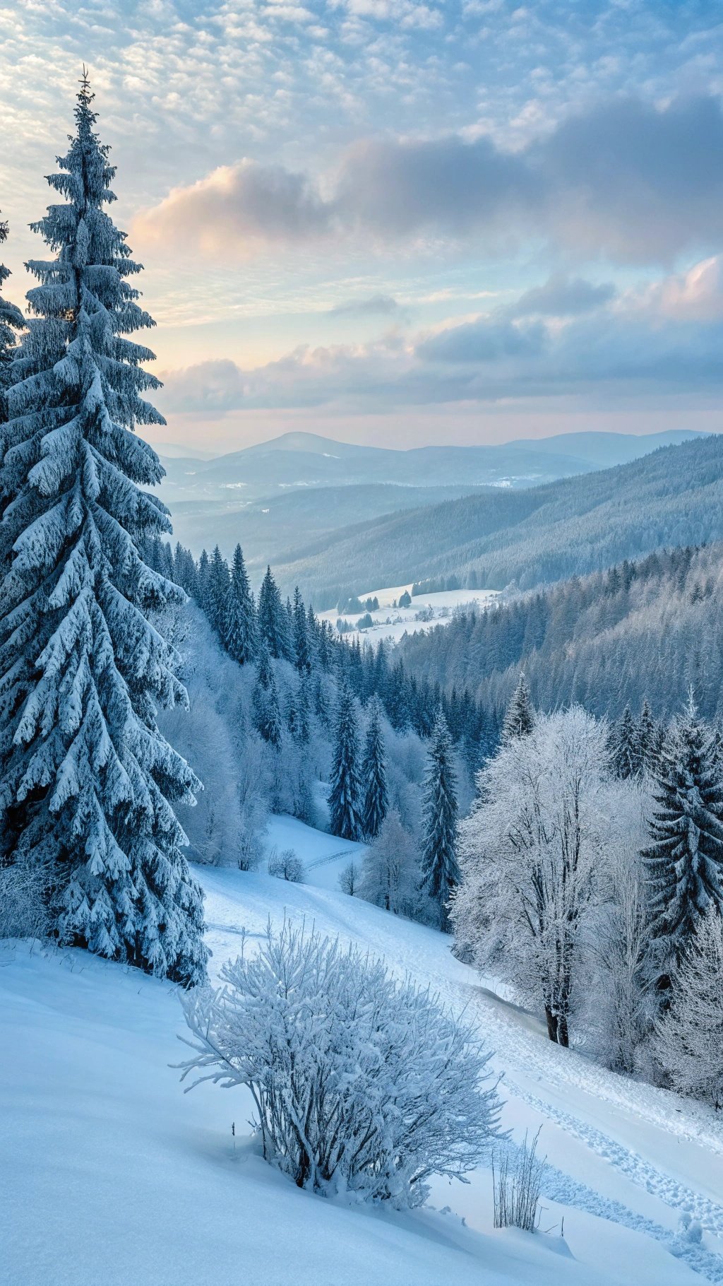 A serene winter landscape with snow-covered trees and rolling hills under a cloudy sky.