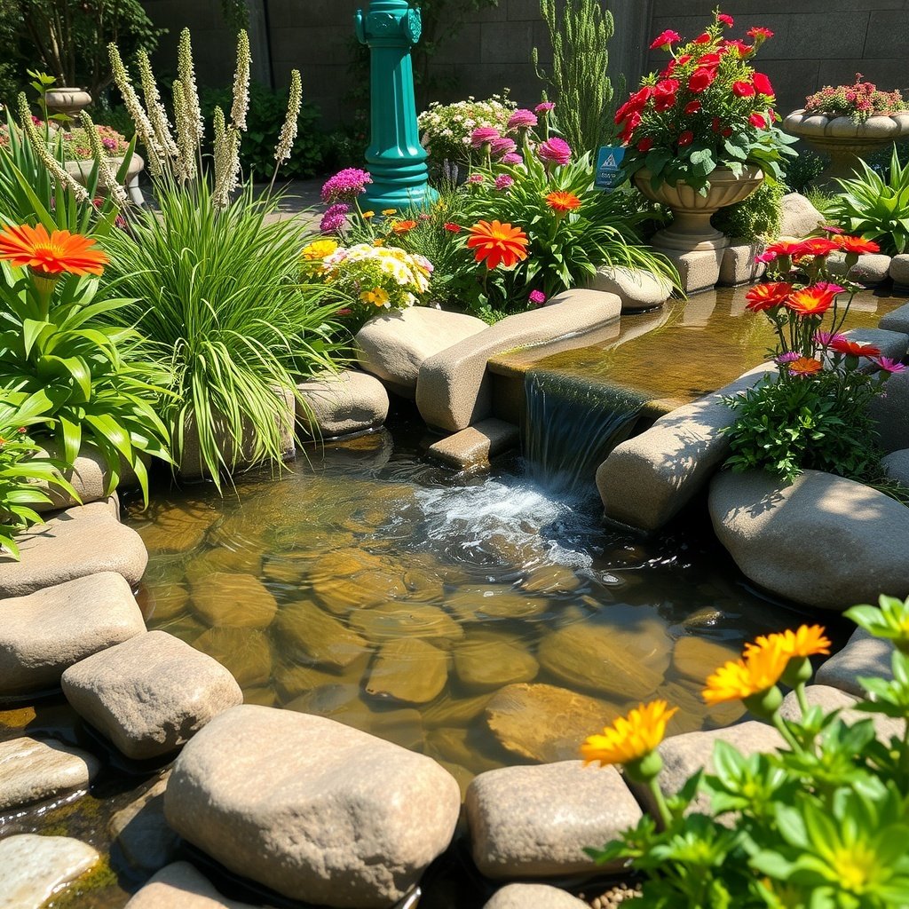 A serene garden pond with a waterfall surrounded by colorful flowers.