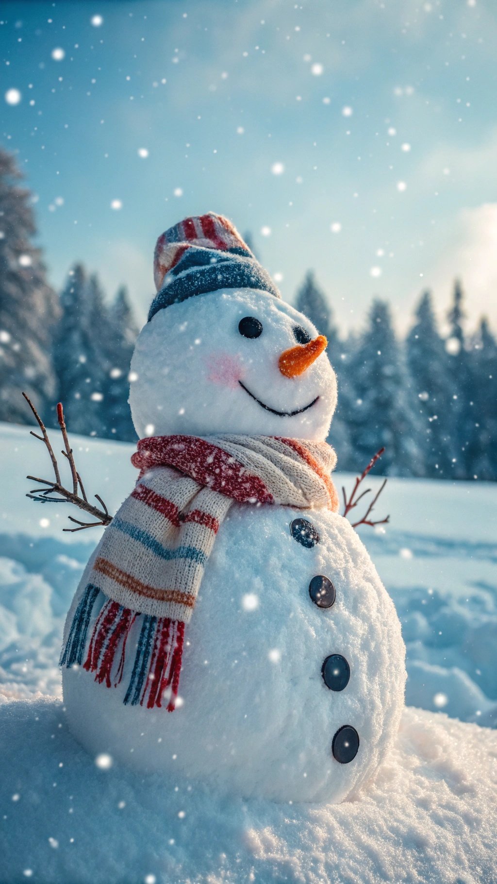 A cheerful snowman with a colorful scarf and hat, surrounded by falling snow and pine trees.