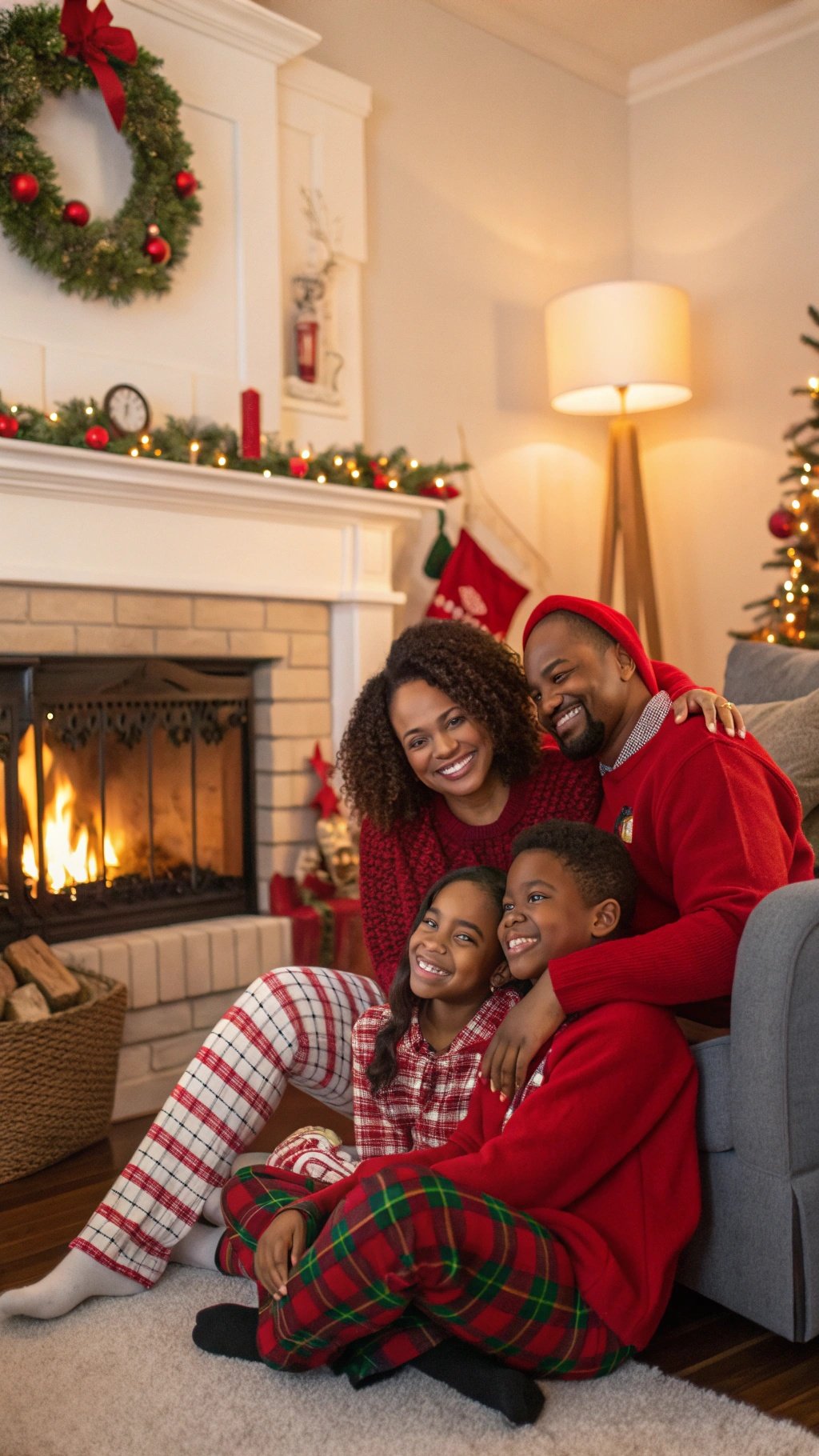 A family in matching holiday pajamas sitting by a fireplace, smiling together.