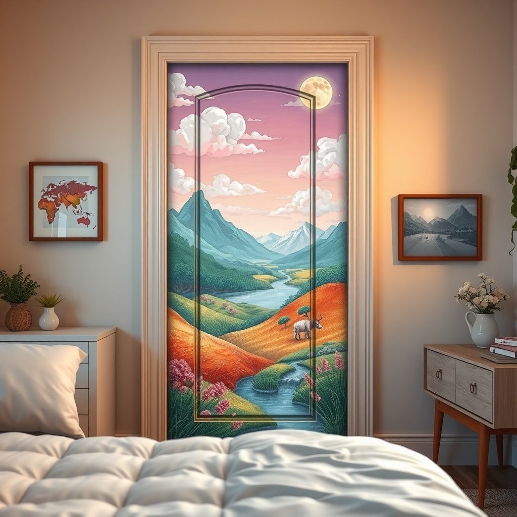 A beautifully painted door depicting a scenic landscape with mountains, a river, and a colorful sky.