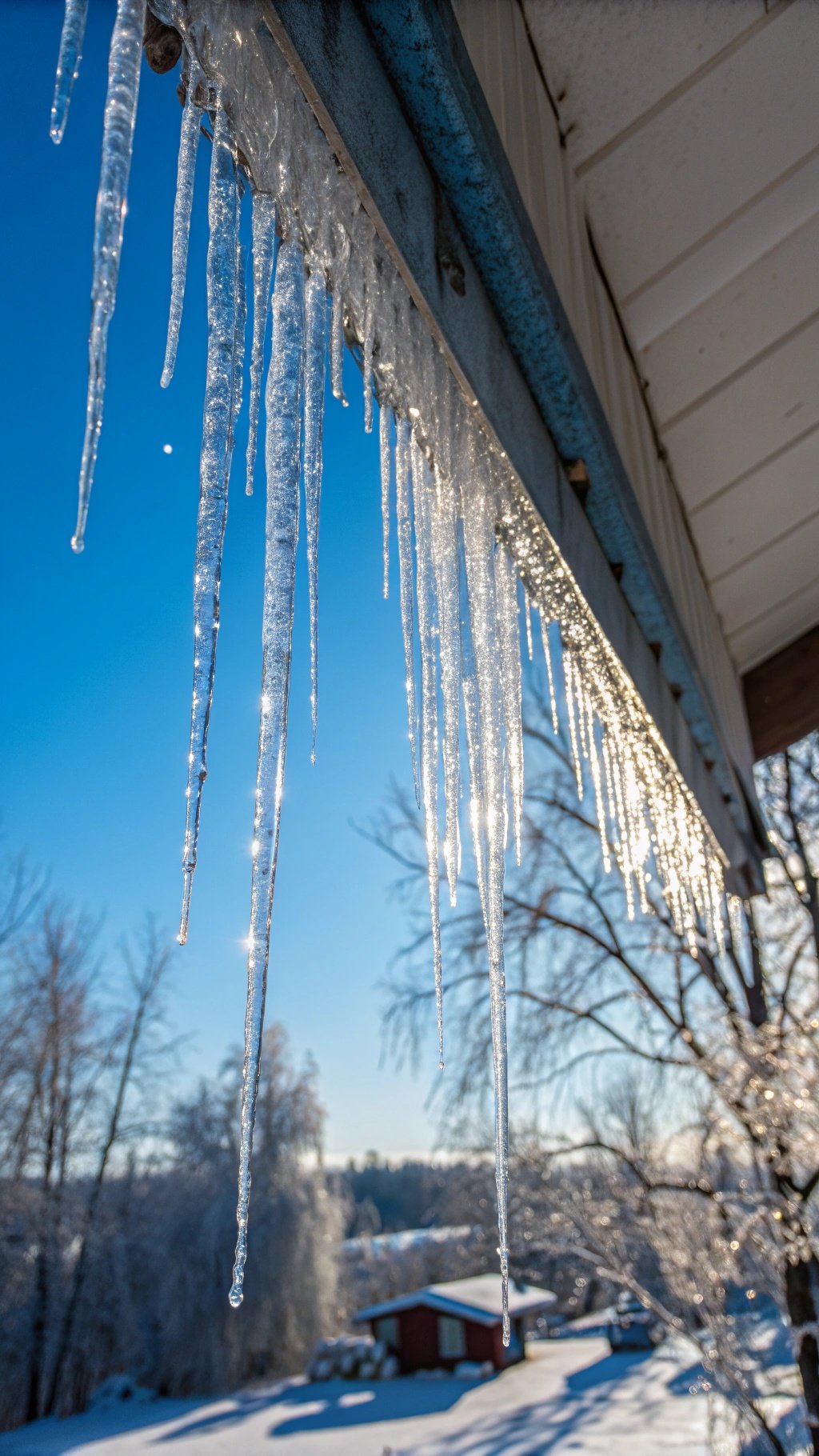 Icicles hanging from a roof against a clear blue sky