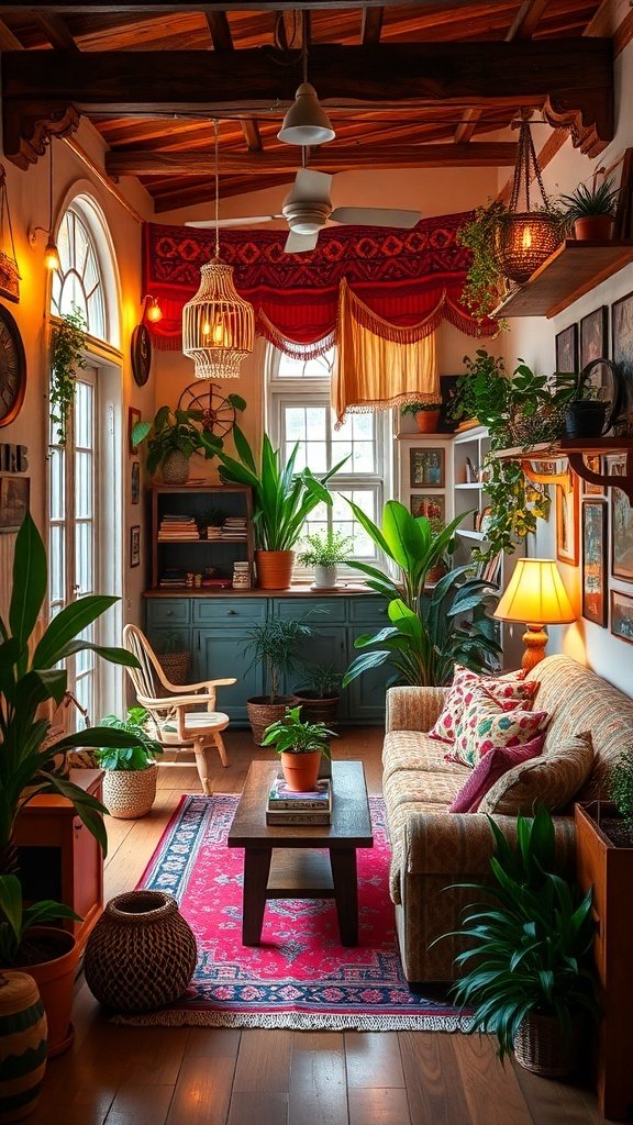 Cozy bohemian living room with plants, colorful rug, and warm lighting