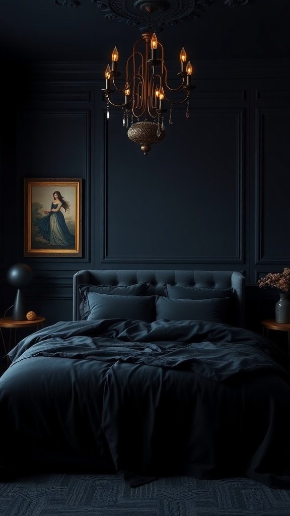 A dark and moody bedroom featuring deep blue walls, a plush bed, a chandelier, and a framed painting.
