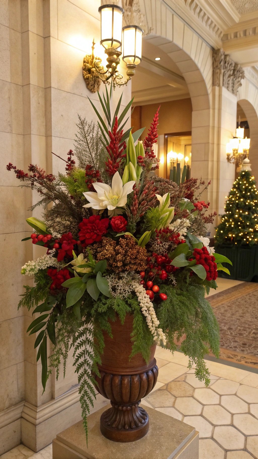 A beautiful winter floral arrangement featuring red and white flowers in a decorative pot.