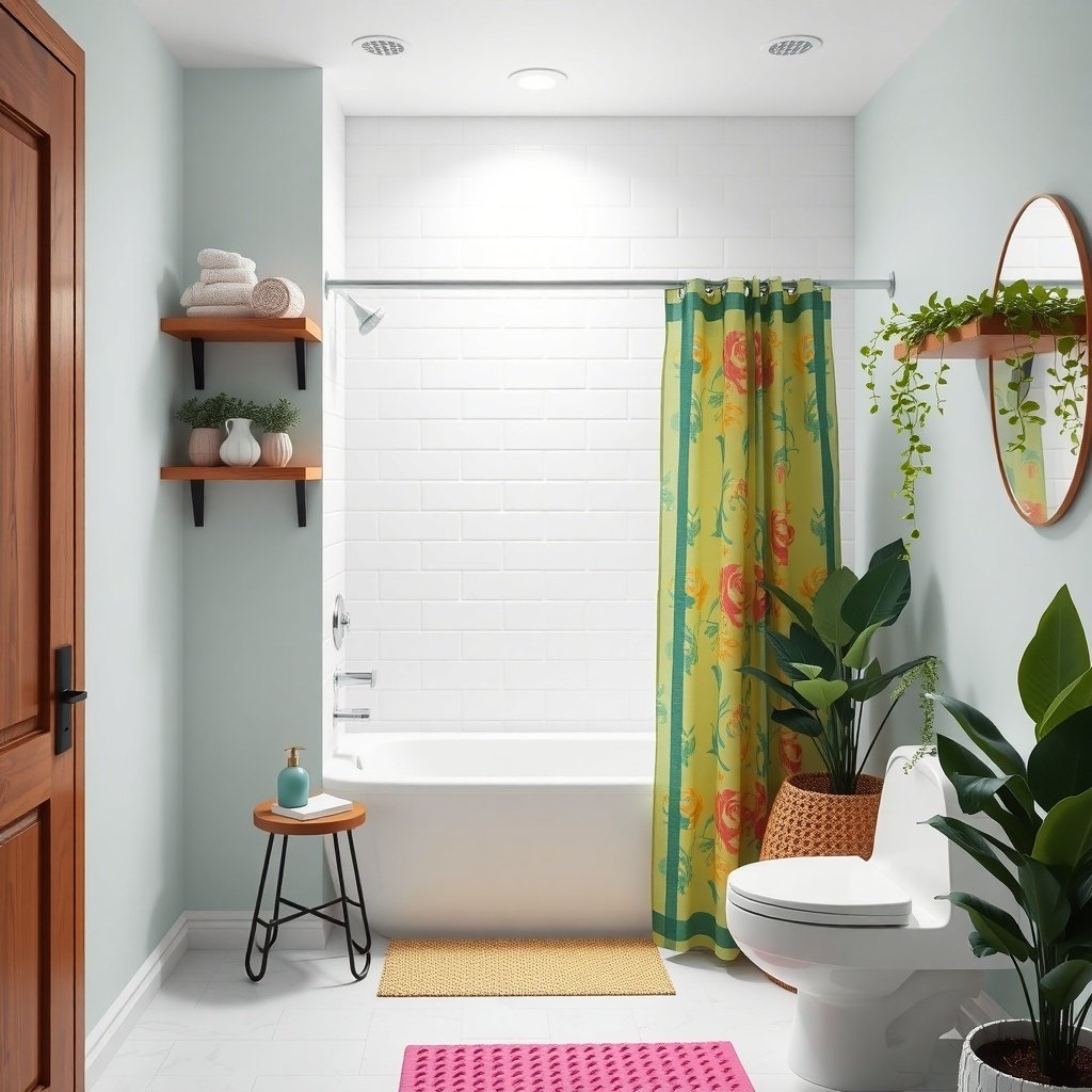 A small bathroom featuring light blue walls, a colorful shower curtain, wooden shelves, and plants.