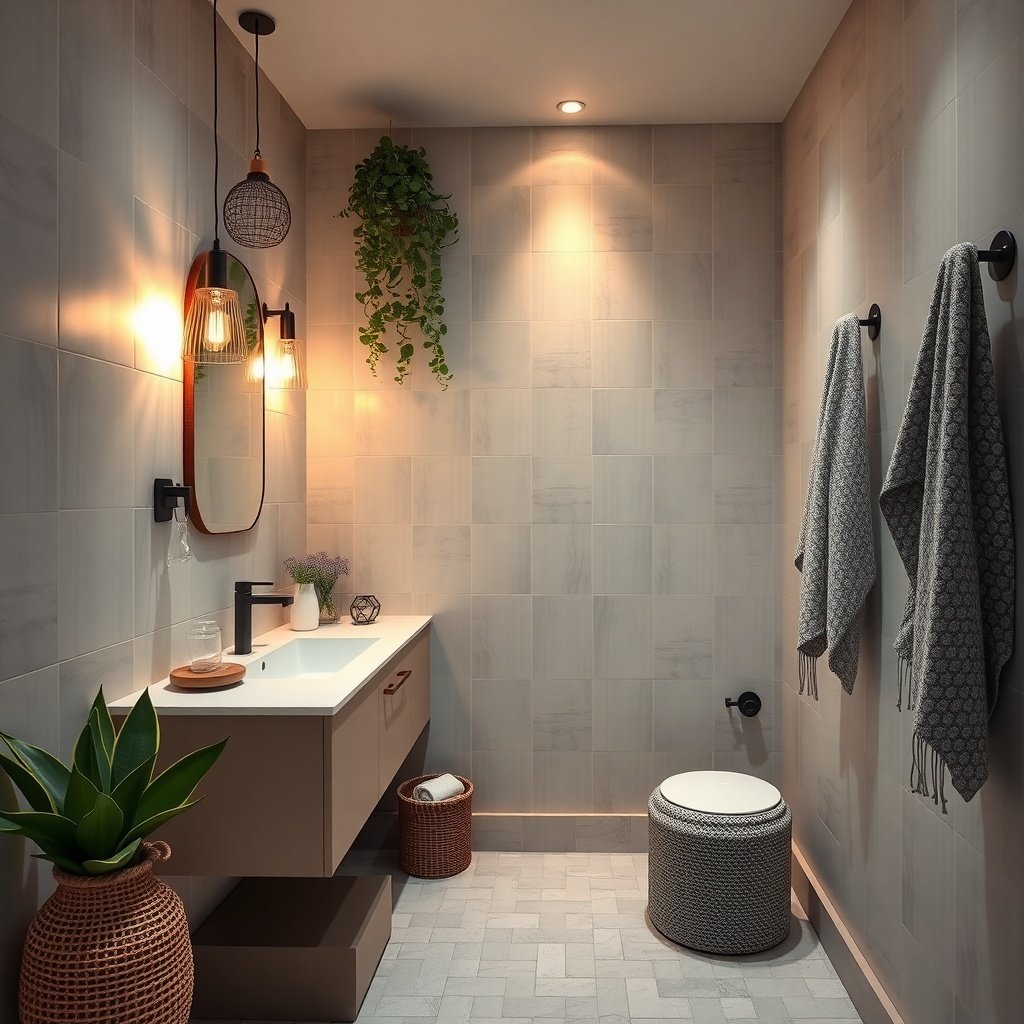 Stylish apartment bathroom with gray tiles, modern vanity, and warm lighting.