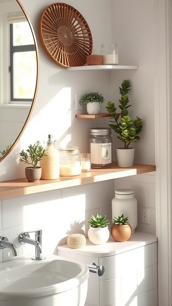 Stylish bathroom shelf decor featuring plants, candles, and wooden elements.