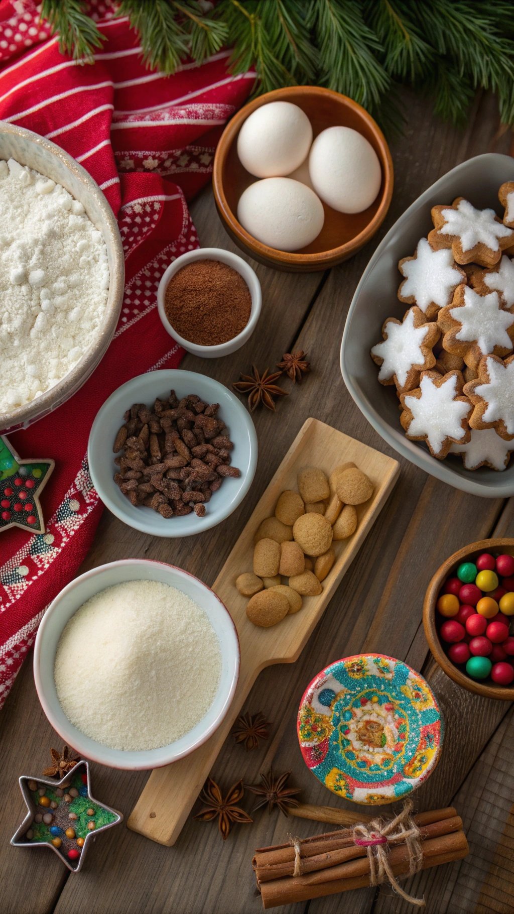 A collection of Christmas baking ingredients including flour, eggs, spices, and decorated cookies on a wooden table.