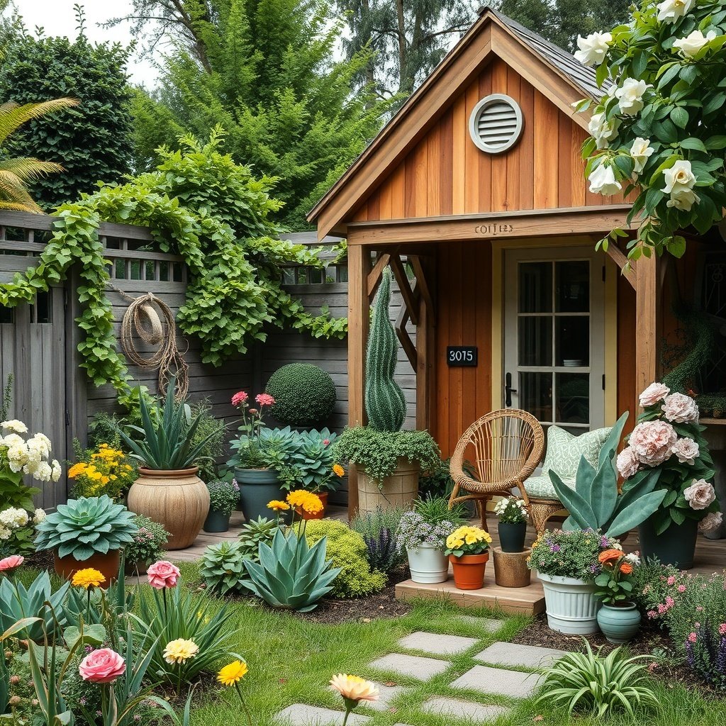 A charming garden with a wooden cottage, colorful flowers in pots, and a cozy seating area.