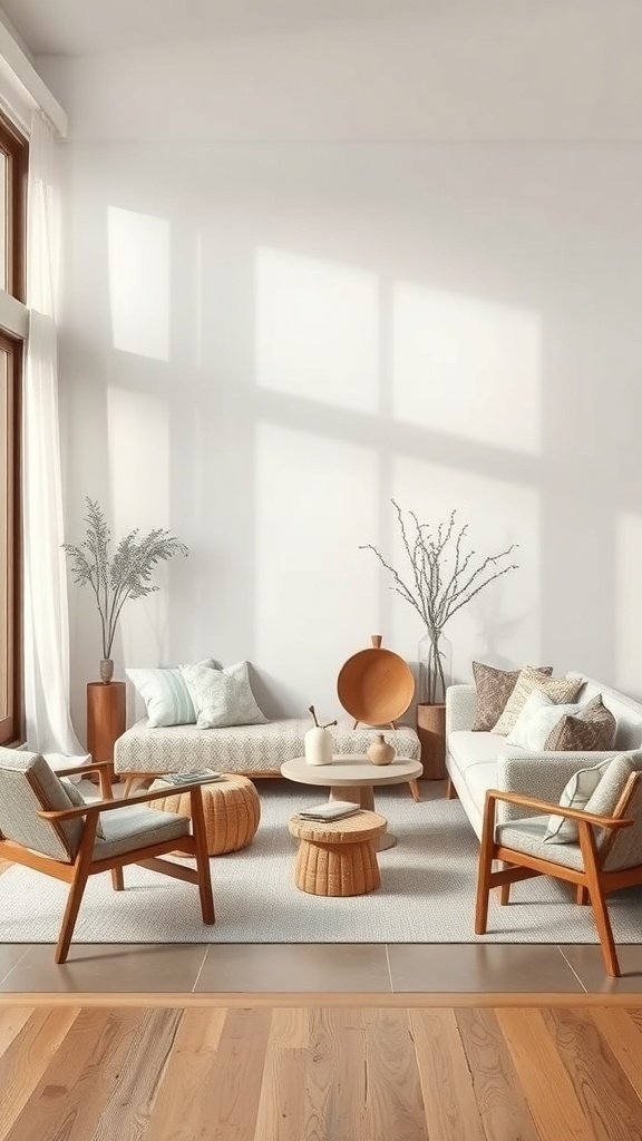 A cozy living room featuring wabi-sabi decor with light wood furniture, soft cushions, and natural elements.
