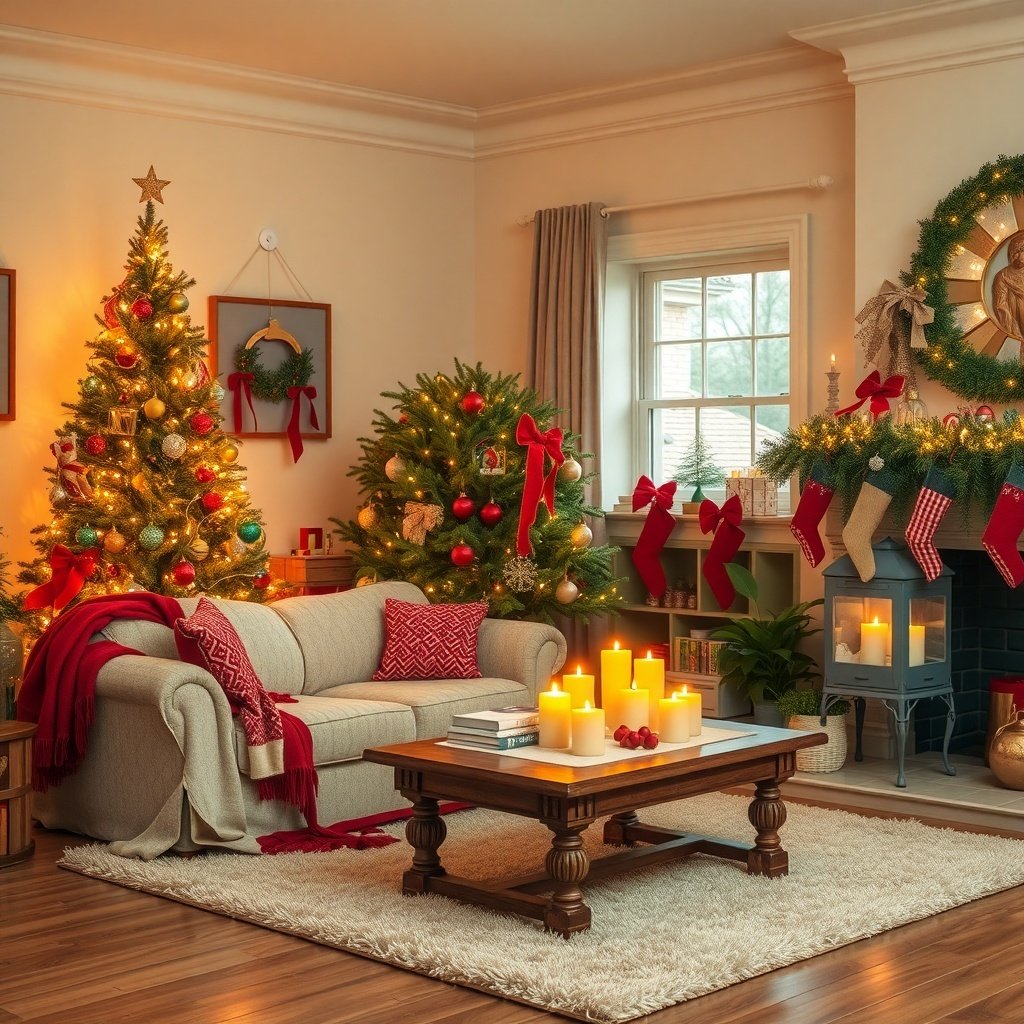 Cozy living room decorated for Christmas with two trees, candles, and stockings.
