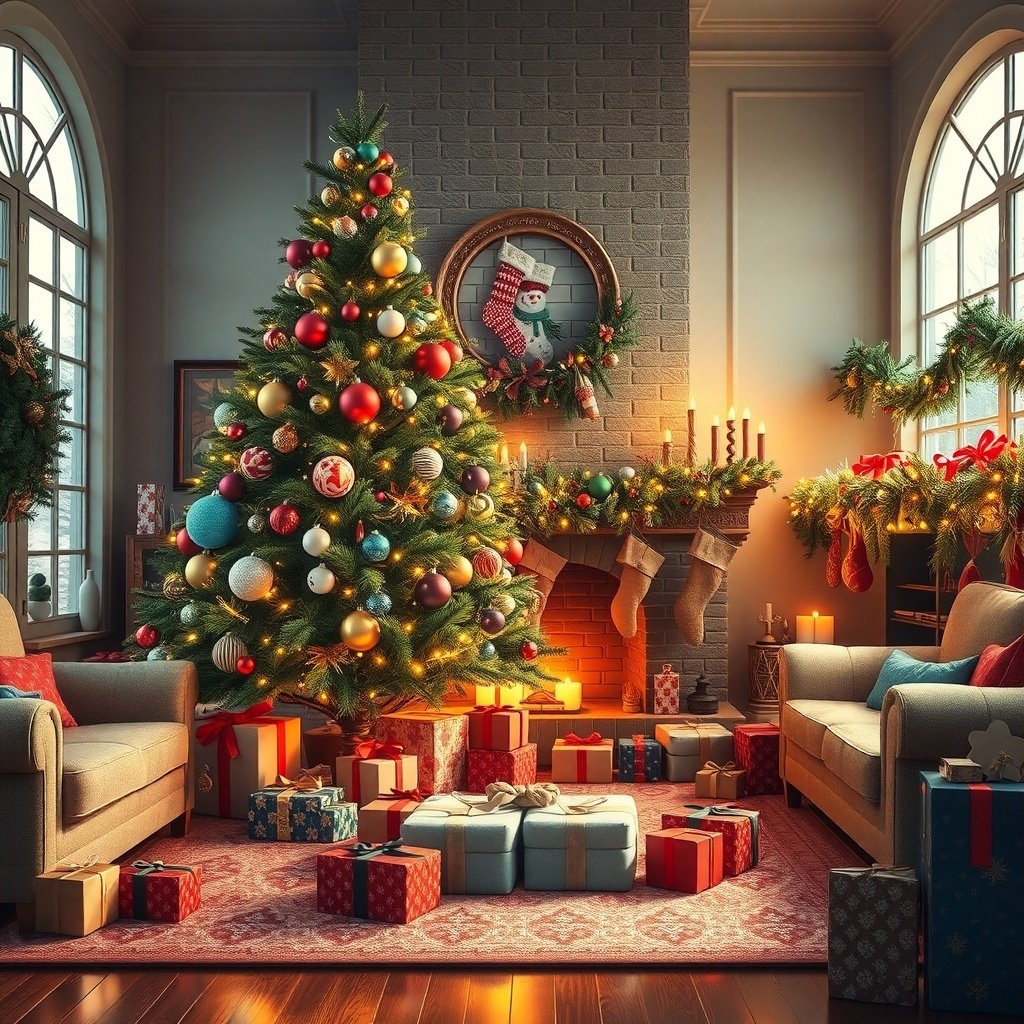 Cozy living room decorated for Christmas with a tree, gifts, and stockings