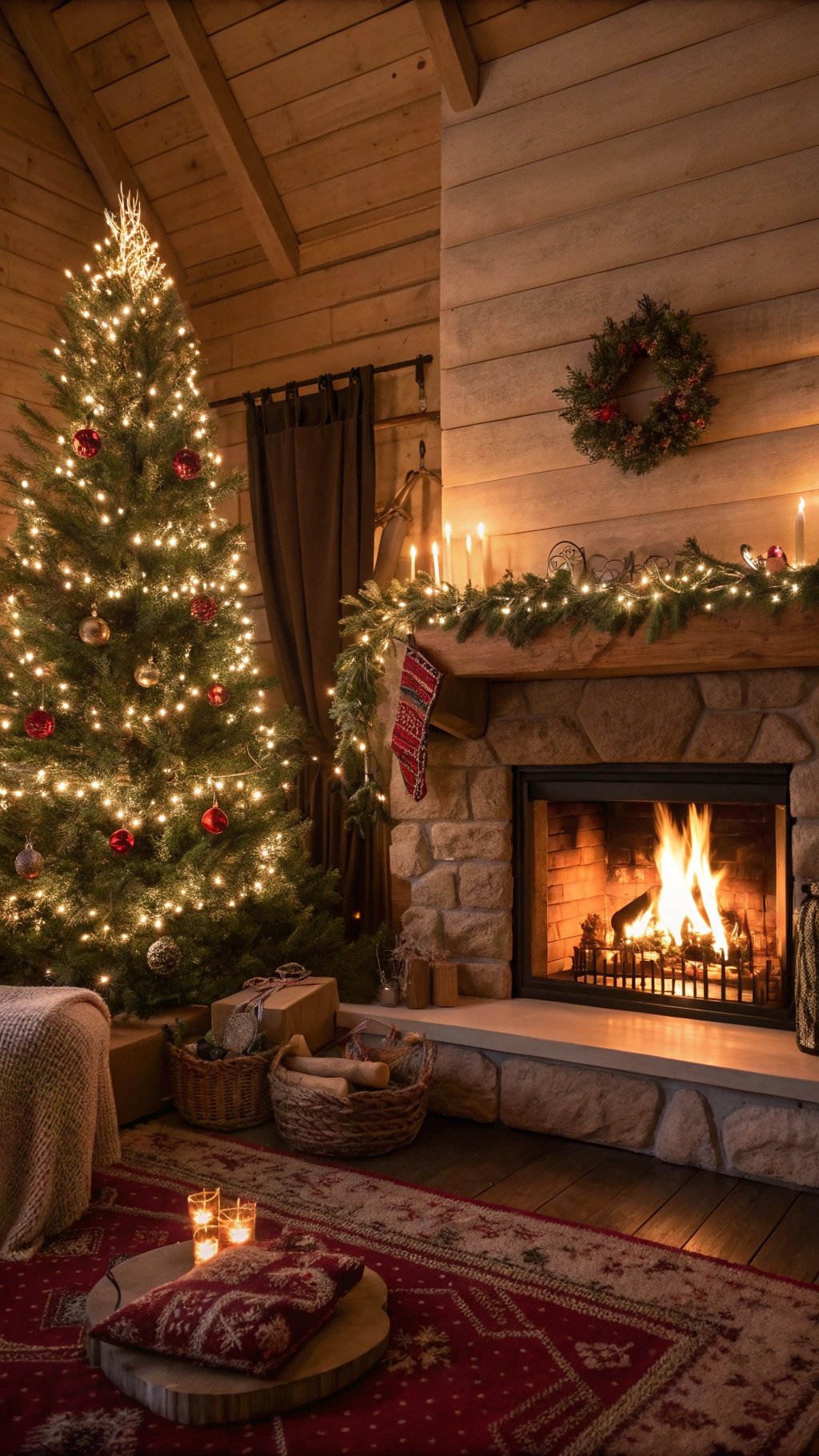A cozy cabin interior with a decorated Christmas tree and a warm fireplace.