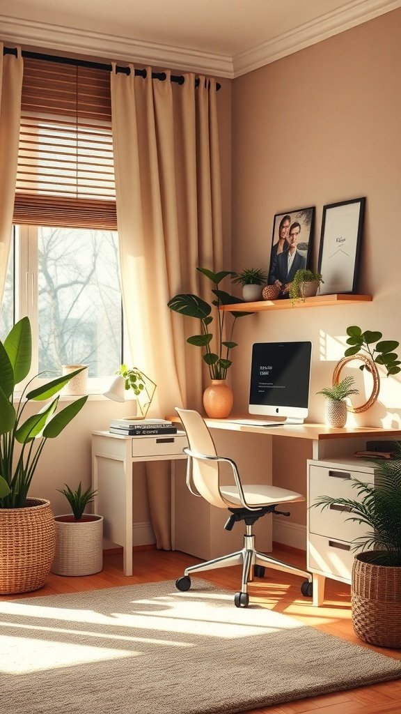 Cozy home office setup in a bedroom with plants and natural light