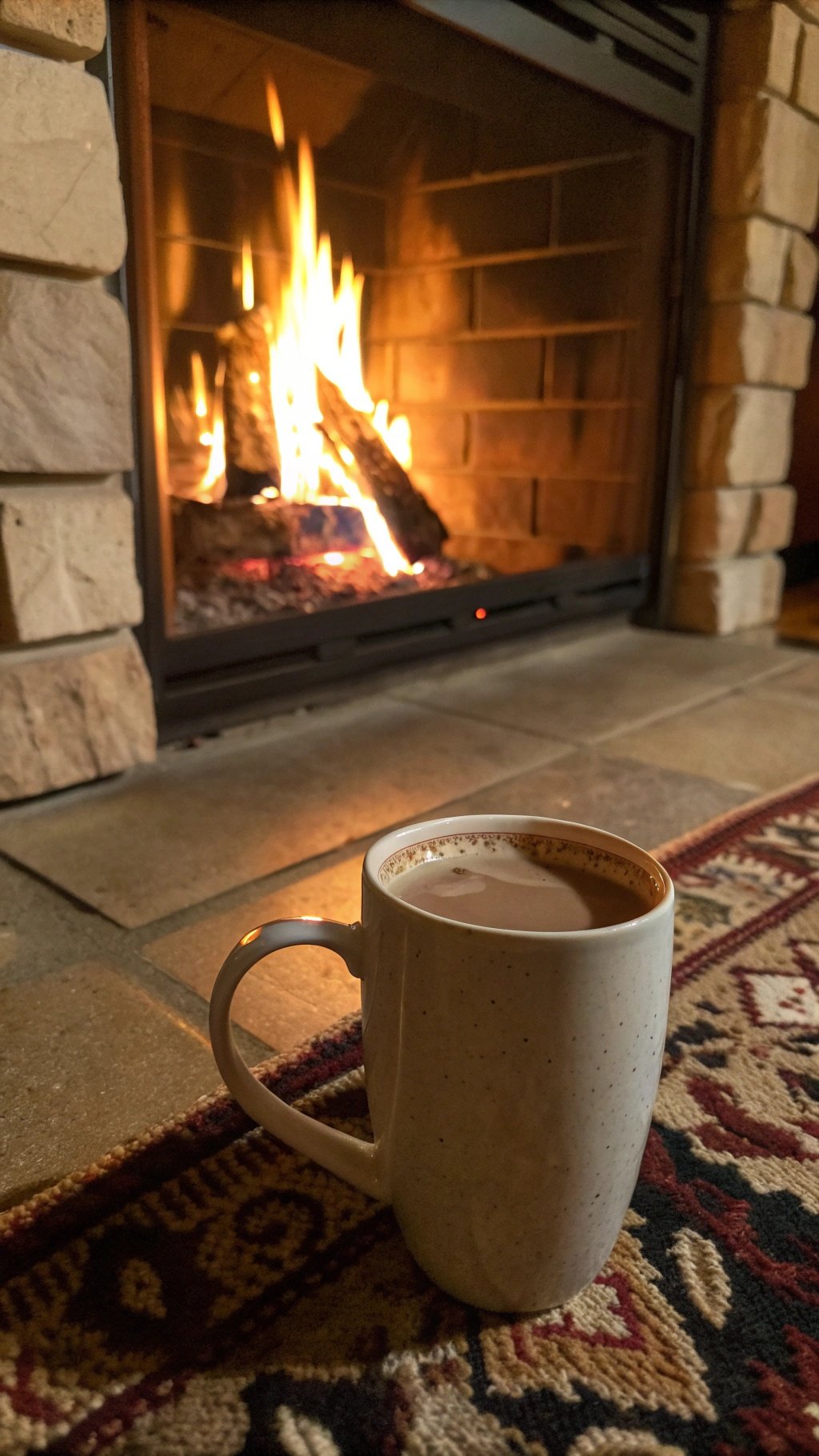 A warm mug of cocoa in front of a fireplace, creating a cozy atmosphere.