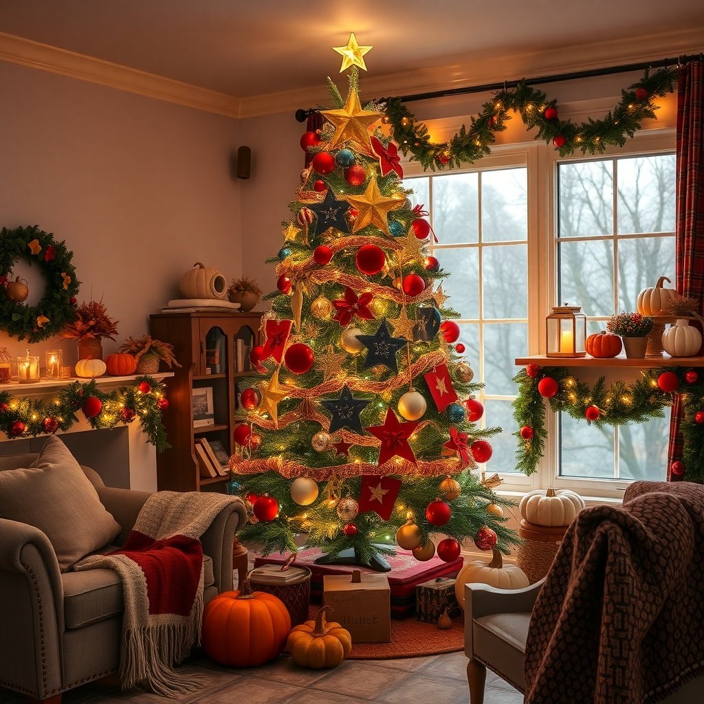 A cozy Christmas tree decorated with red and gold ornaments, surrounded by pumpkins and warm lighting.