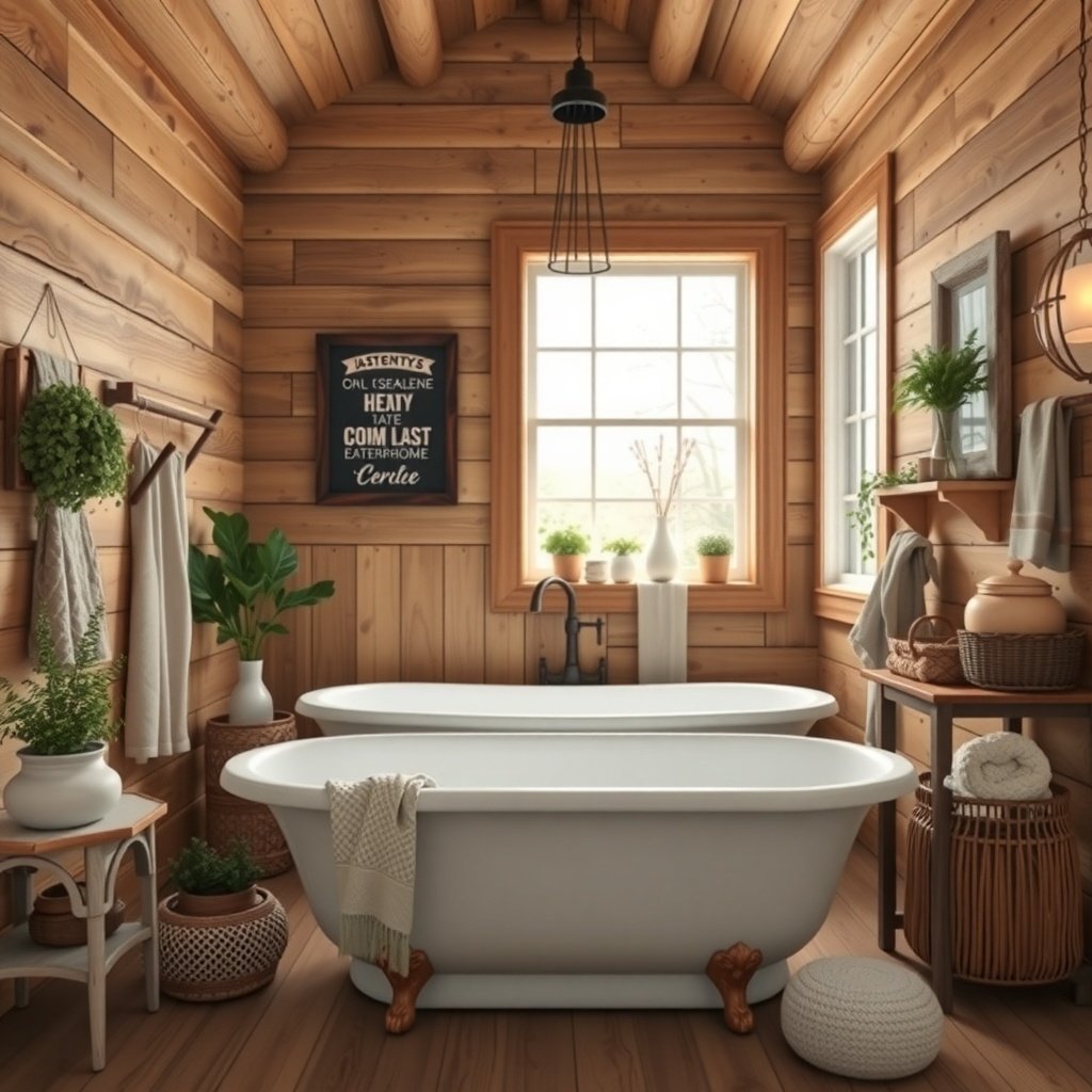 A cozy farmhouse bathroom featuring wooden walls, two freestanding tubs, and plants.