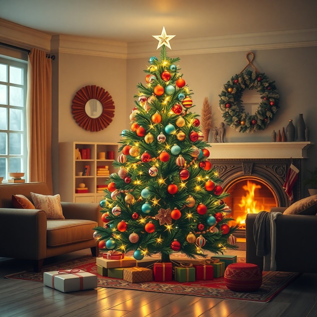 A beautifully decorated Christmas tree in a cozy living room with gifts underneath and a fireplace in the background.