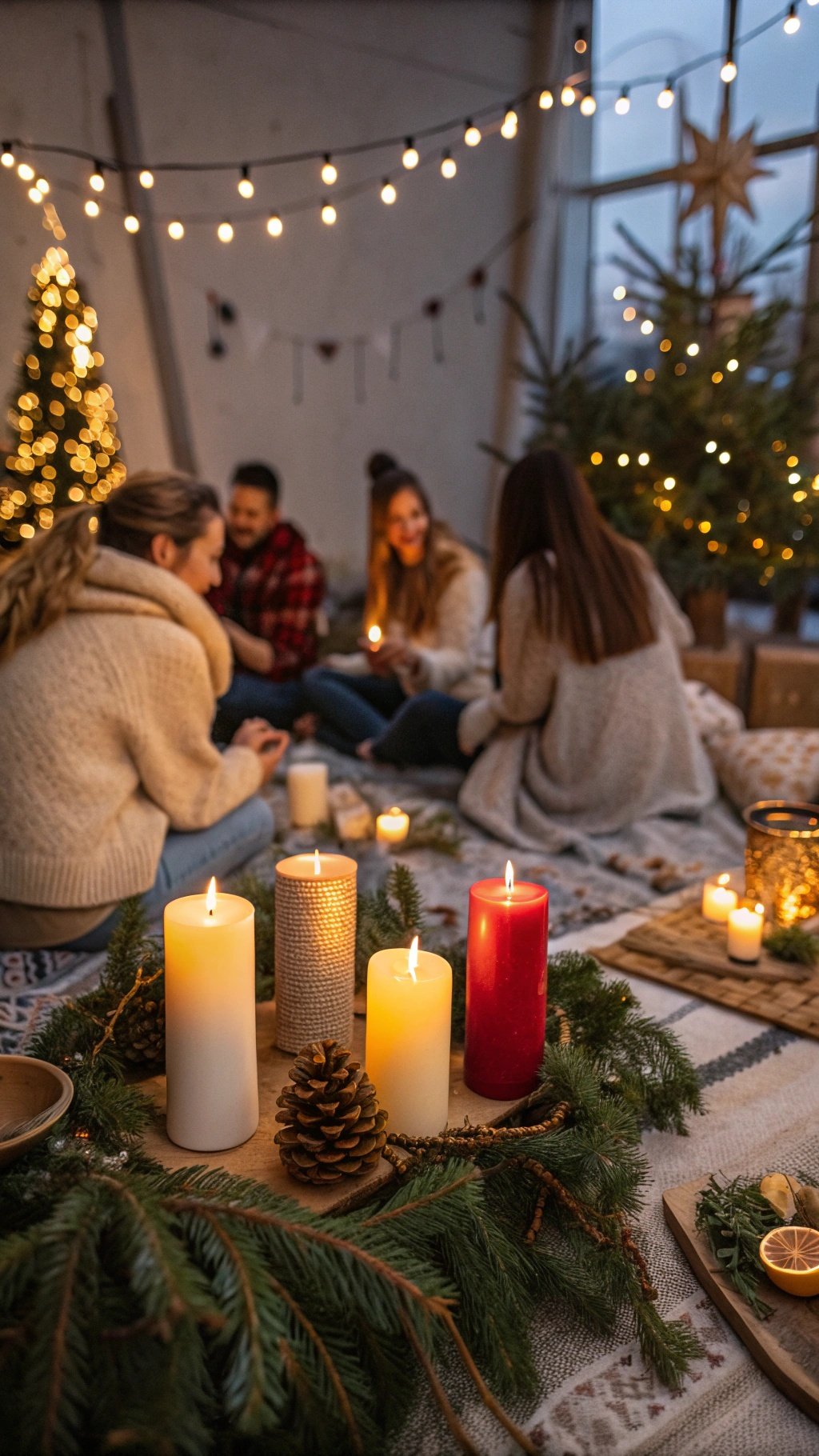 A cozy winter solstice celebration with friends, candles, and a decorated Christmas tree.
