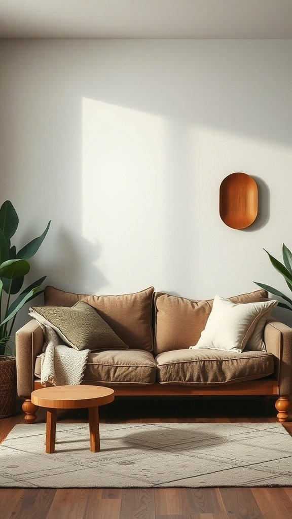 A cozy wabi-sabi couch with soft cushions and natural materials, surrounded by plants.