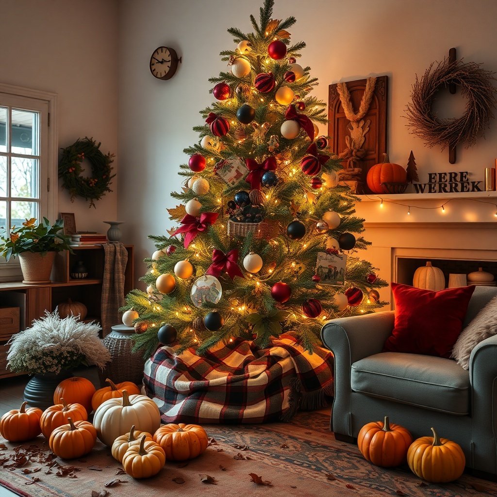 A beautifully decorated Christmas tree with ornaments, surrounded by pumpkins and a cozy blanket.