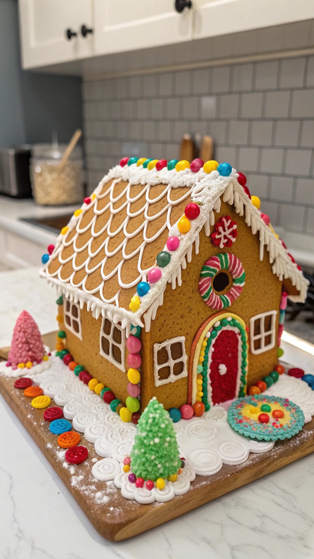 A beautifully decorated gingerbread house with colorful candies and icing.