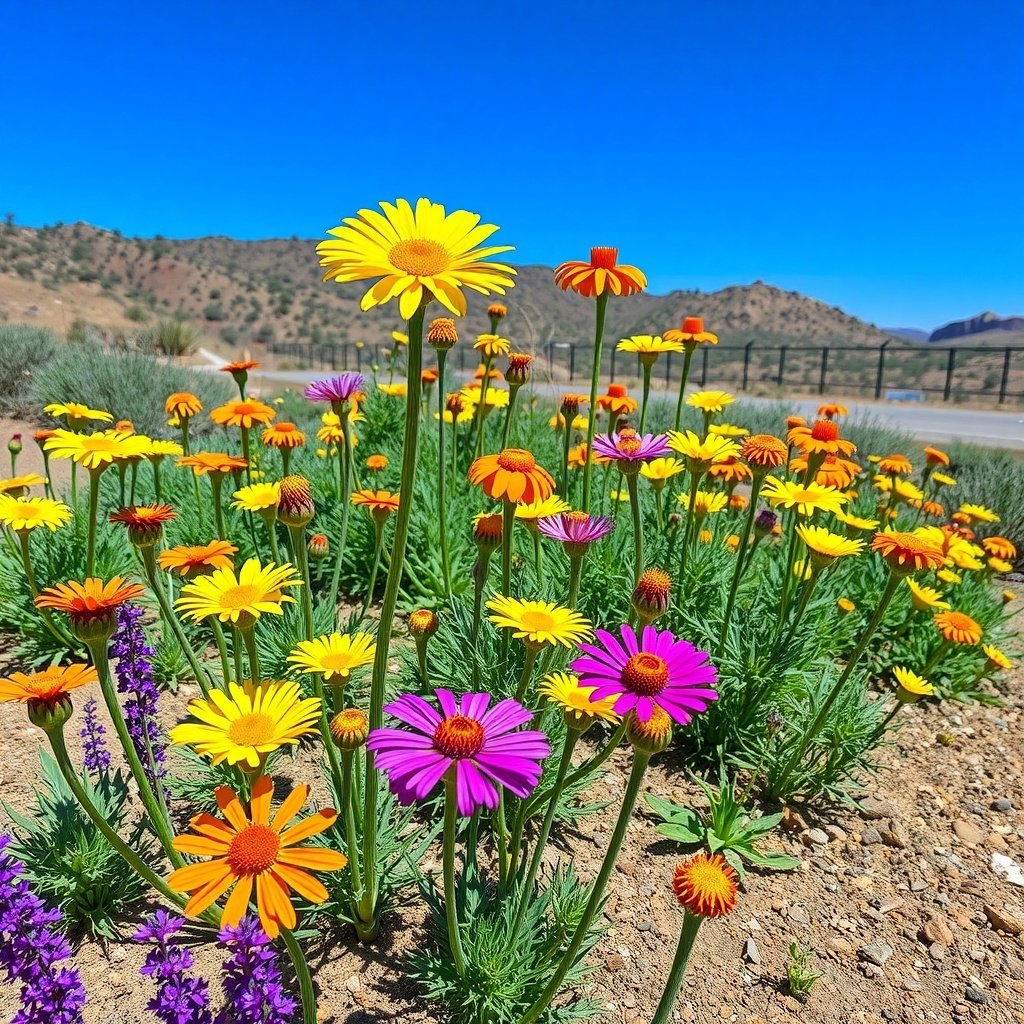A colorful display of drought-tolerant flowers in various bright colors against a clear blue sky.