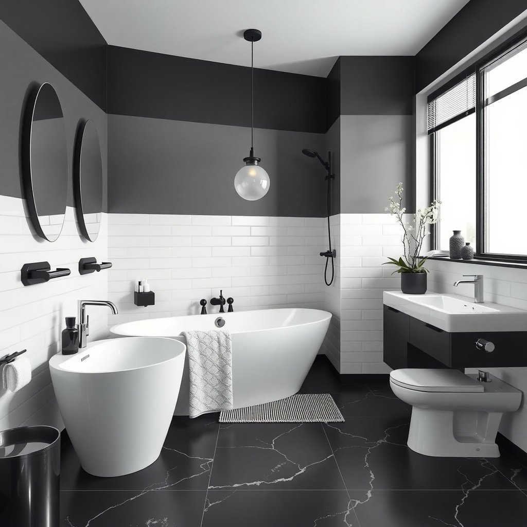 A modern black and white bathroom featuring a freestanding tub, black marble floor, and stylish fixtures.