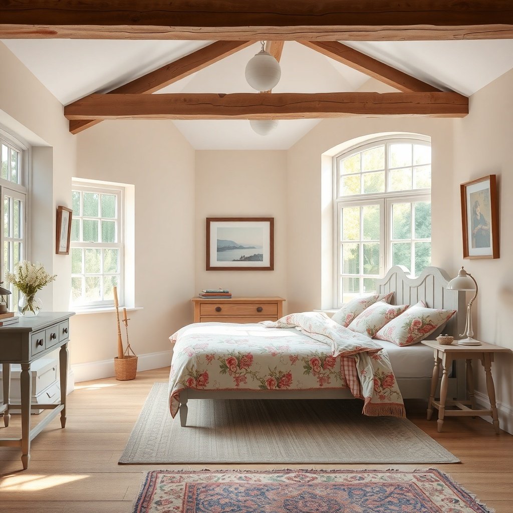 A simple and modern English country cottage bedroom featuring floral bedding, wooden beams, and natural light.