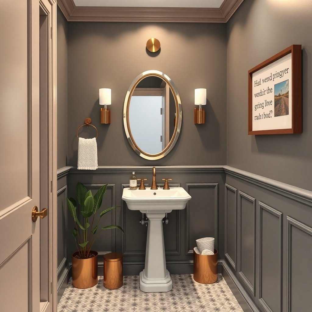 Stylish half bathroom with gray walls, gold fixtures, and a round mirror